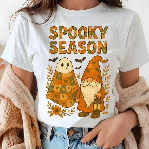 Spooky Season T-Shirt| Halloween Gnome Sublimation | Ghost Patchwork Shirt, Halloween Spooky Ghost Horse T-Shirt, Funny Retro Halloween T-Shirt