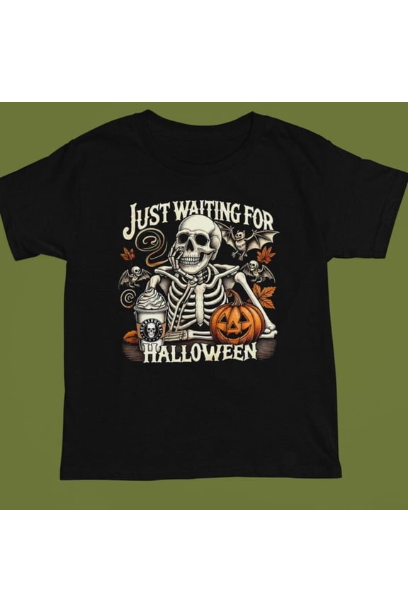 Spooky Season - Themed Patterned Tee,Tops Boasts "JUST WAITING FOR HALLOWEEN" Text Design,Round Neck Regular Fit T - shirts, Size(S - 5XL)