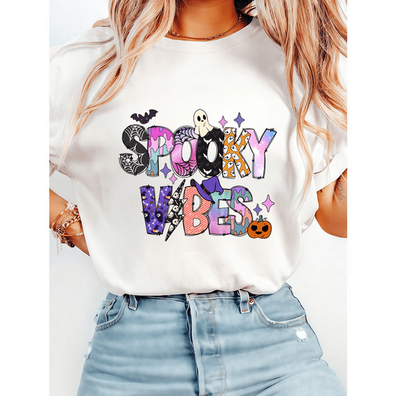 Spooky Season Tops Fashion Fall Halloween Print T-shirts Short Sleeve Casual Ghost Graphic Tees Cotton Shirts for Daily Outfits White,S