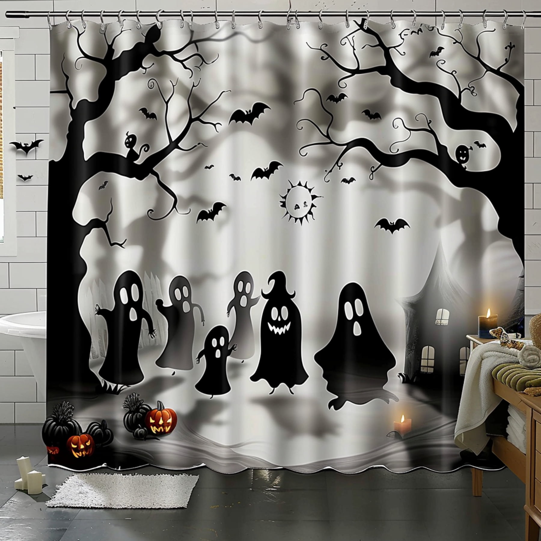 Spooky Shower Curtain Set Halloween Ghosts vs Black Tree Shadows
