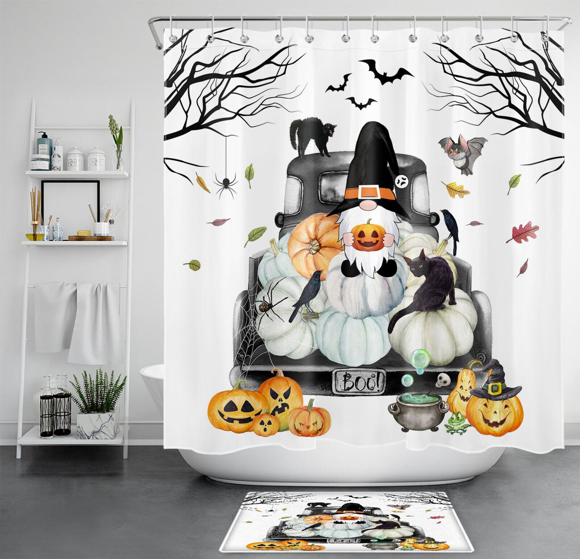 Spooky Shower: Halloween Themed Gnome Truck Curtain Set for Bathroom ...