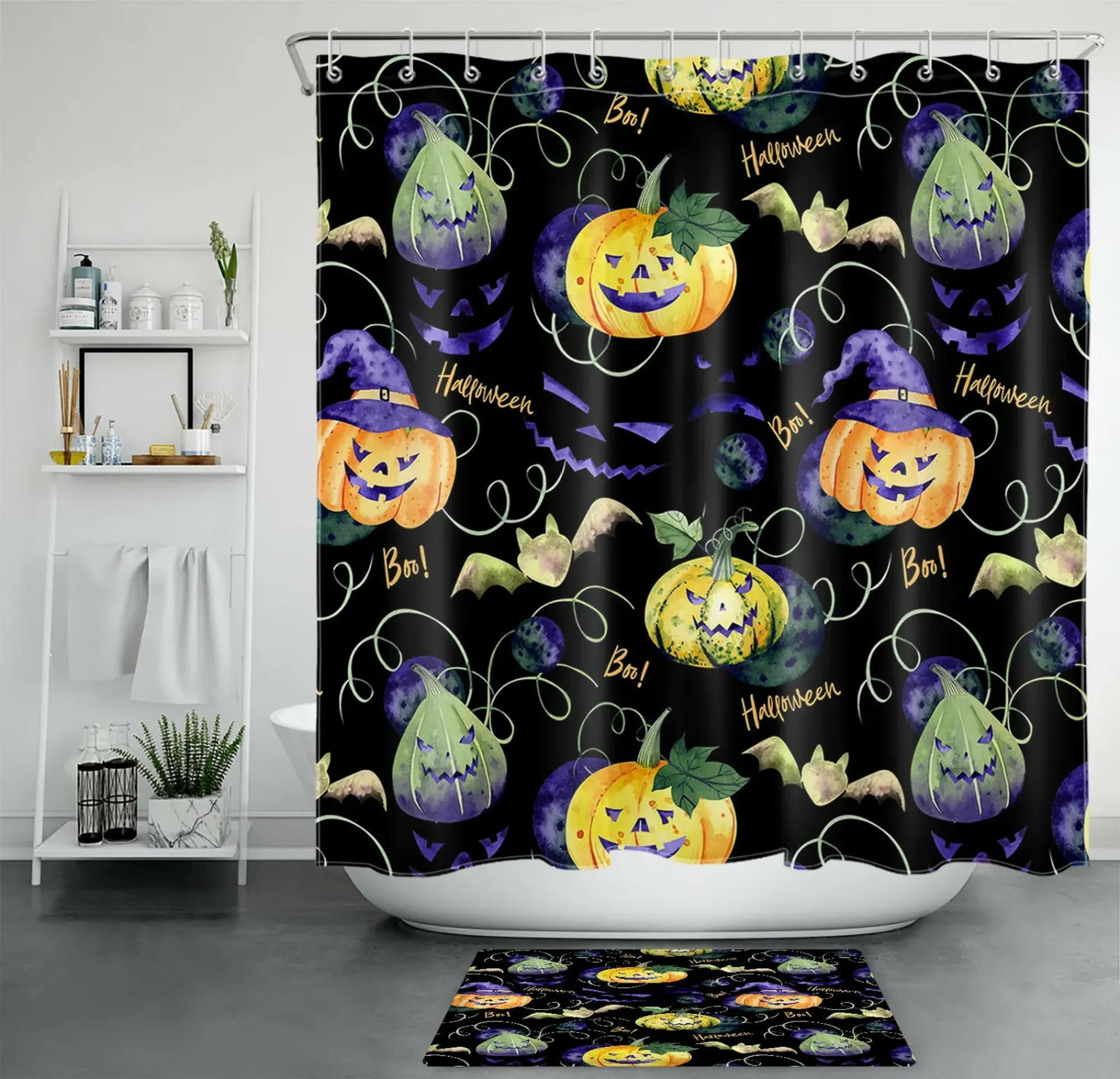 Spooky Shower Set: Halloween Pumpkin Bats Curtain & Hooks for a Scary ...