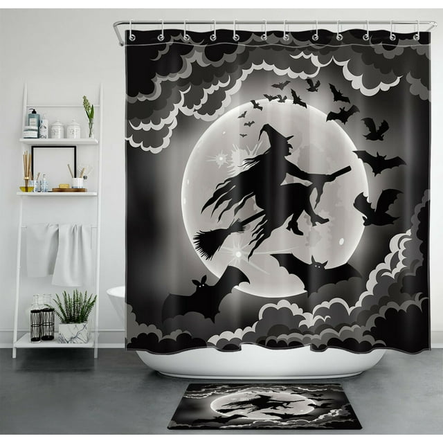 Spooky Shower Witchy Black Bat And Full Moon Curtain Set For Halloween