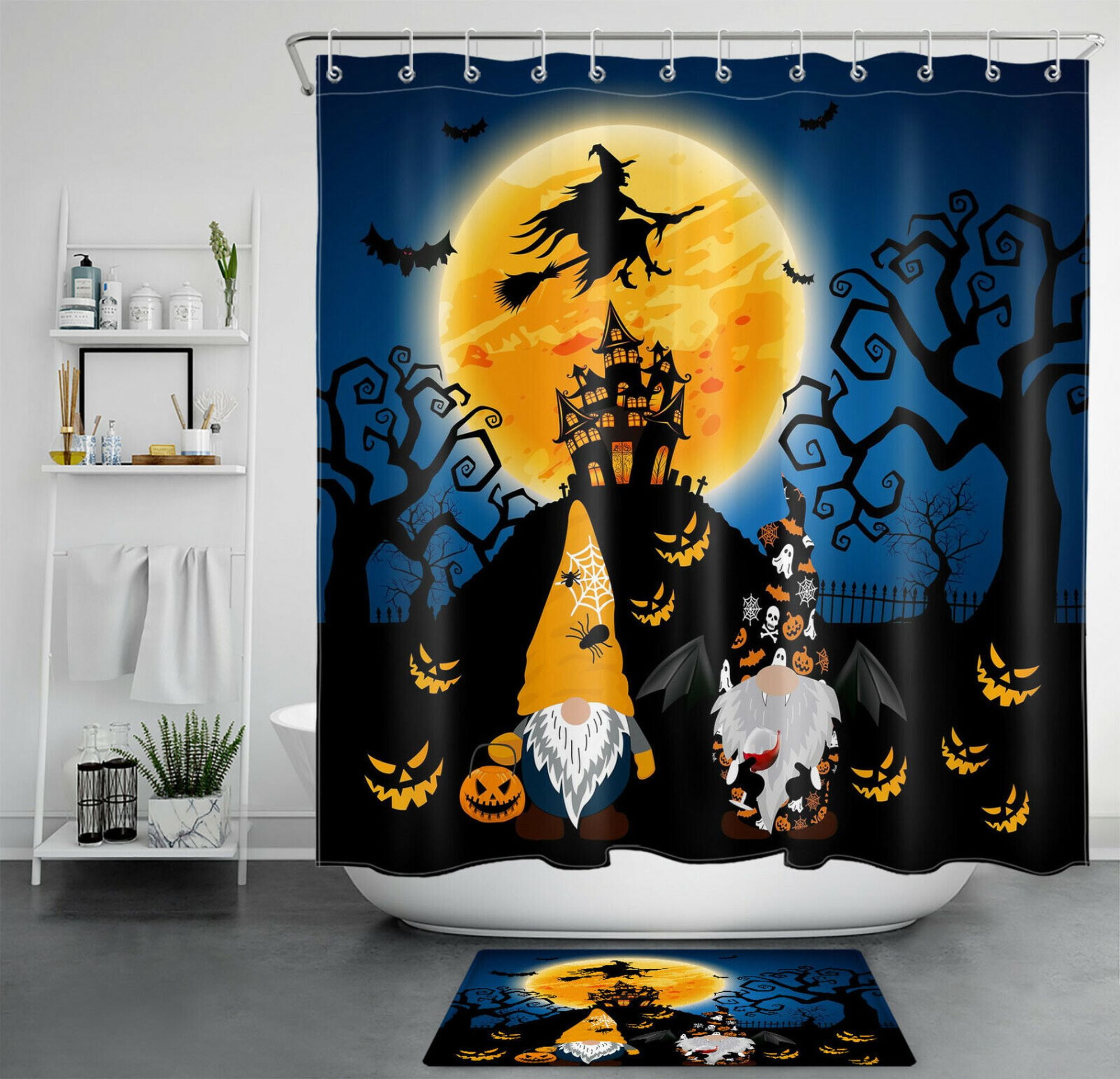 Spooky Shower Witchy Castle Gnome And Pumpkin Halloween Bathroom Decor