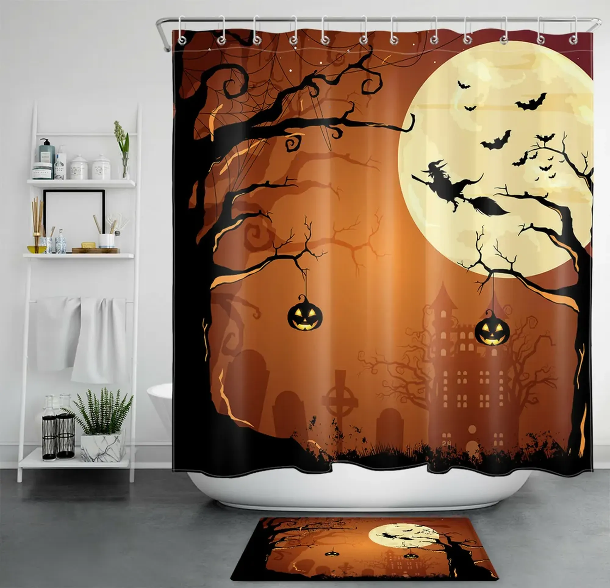 Spooky Shower: Witchy Pumpkins & Dead Trees Halloween Bathroom Decor ...