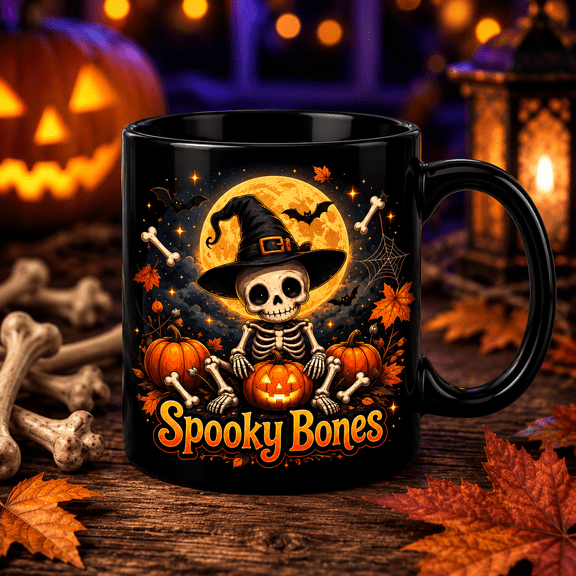 Skeleton Halloween Ceramic Mugs Orange Bones Fall Gift 11oz 15oz