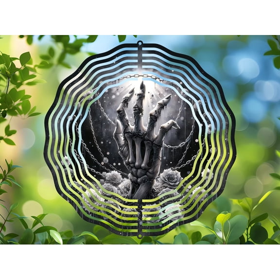 Spooky Skeleton Hand Gothic 3D Wind Spinner, Kinetic Stainless Steel Hanging Halloween Art