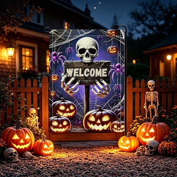 Spooky Skeleton Jack O Lantern Welcome 2D Printed Garden Flag, Outdoor Patio Festival Home Decor, No Flagpole, Halloween Gift