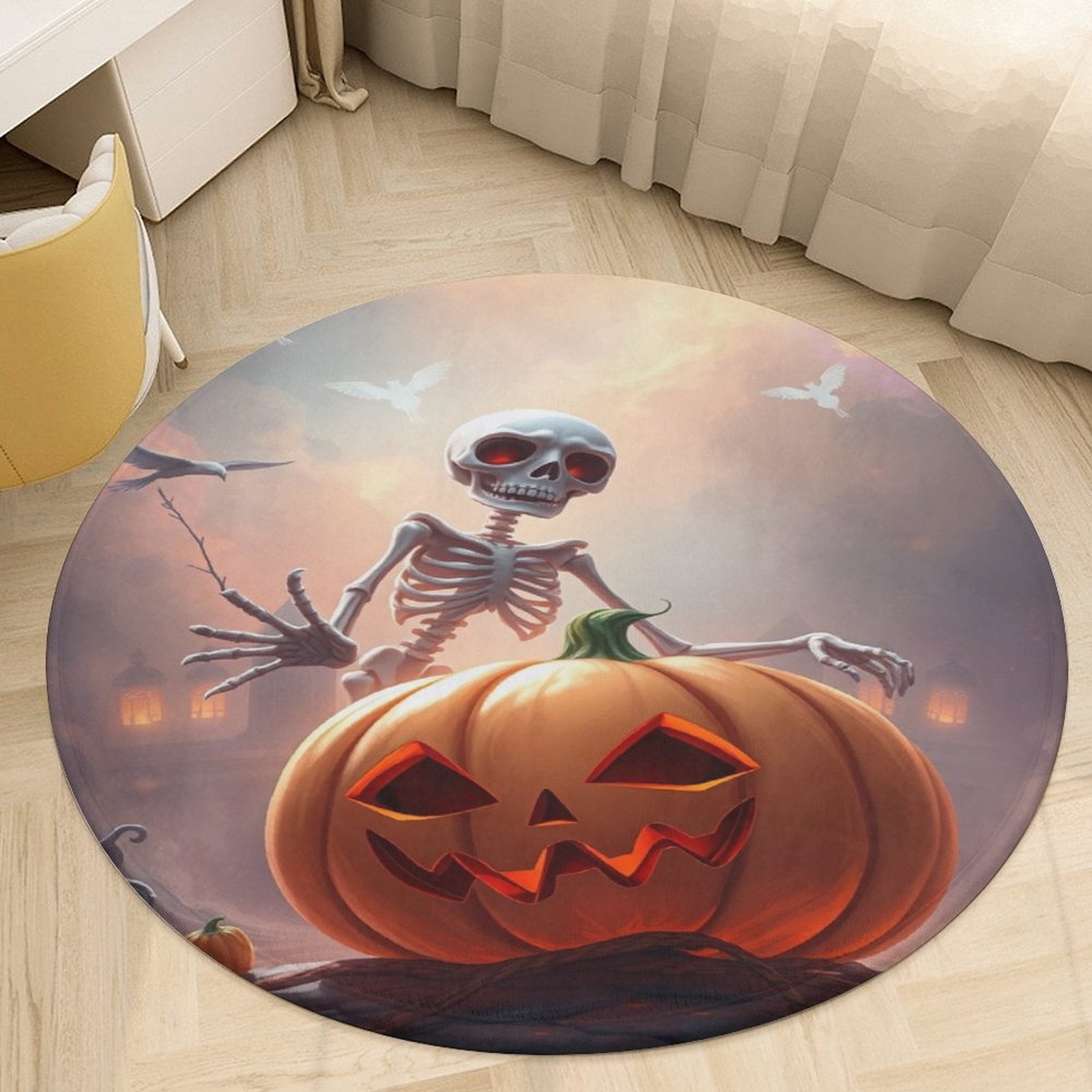 Spooky Skeleton Pumpkin Autumn Round Carpets Modern Living Room Ration ...