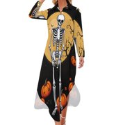 YHX66 Spooky Skeleton Pumpkins Halloween Chiffon Dress V Neck Dresses Women Casual Dress
