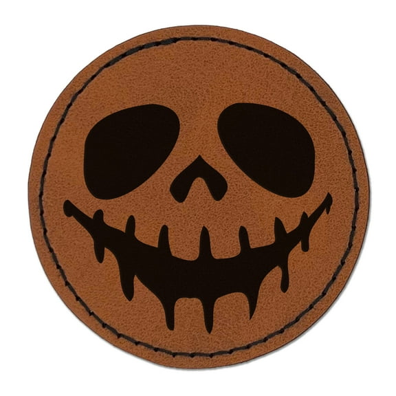 Spooky Skeleton Smile Face Halloween 2.5" Faux Leather Round Engraved Iron-On Patch - Brown