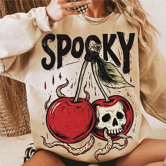 Spooky Skull Cherry Bow Sweatshirt, Halloween Coquette Aesthetic Shirt, Girly Creepy Fall Graphic SWEATSweatshirtfor Spooky Season