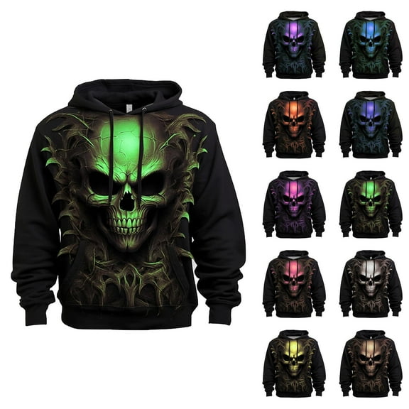 Spooky Skull Halloween Hoodies for Men 2025 Long Sleeve 3D Graphic Hooded Sweatshirt with Pockets Halloween Pullover Tops