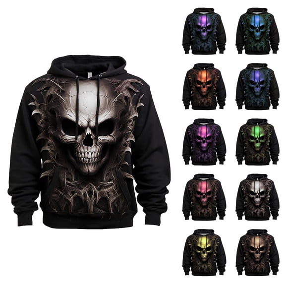 Spooky Skull Halloween Hoodies for Men 2025 Long Sleeve 3D Graphic Hooded Sweatshirt with Pockets Halloween Pullover Tops