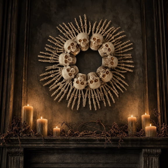Spooky Skull Skeleton Hand Wreath Gothic Halloween Wall Hanging Decor 18 Inch
