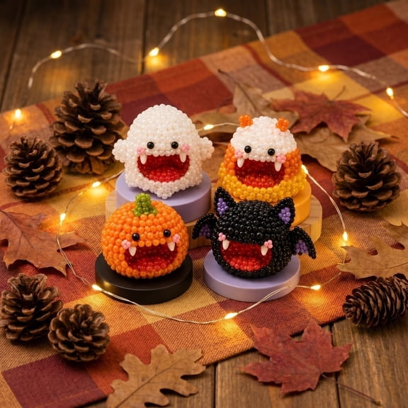 Spooky Snack Monsters DIY Beaded Kit, Pre-Sorted Beads DIY Craft Set, Ghost Pumpkin Bat Monster Figurine Making Kit