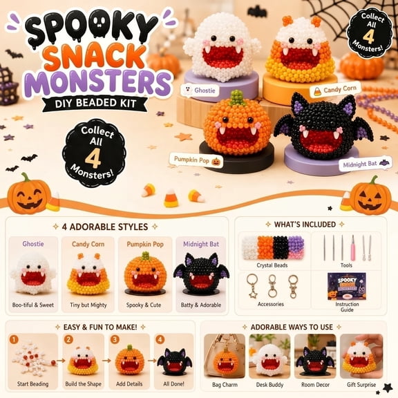 Spooky Snack Monsters DIY Beaded Kit, Stress Relief Hand Beading Kit, Cartoon Spooky Monster Decor for Home Party