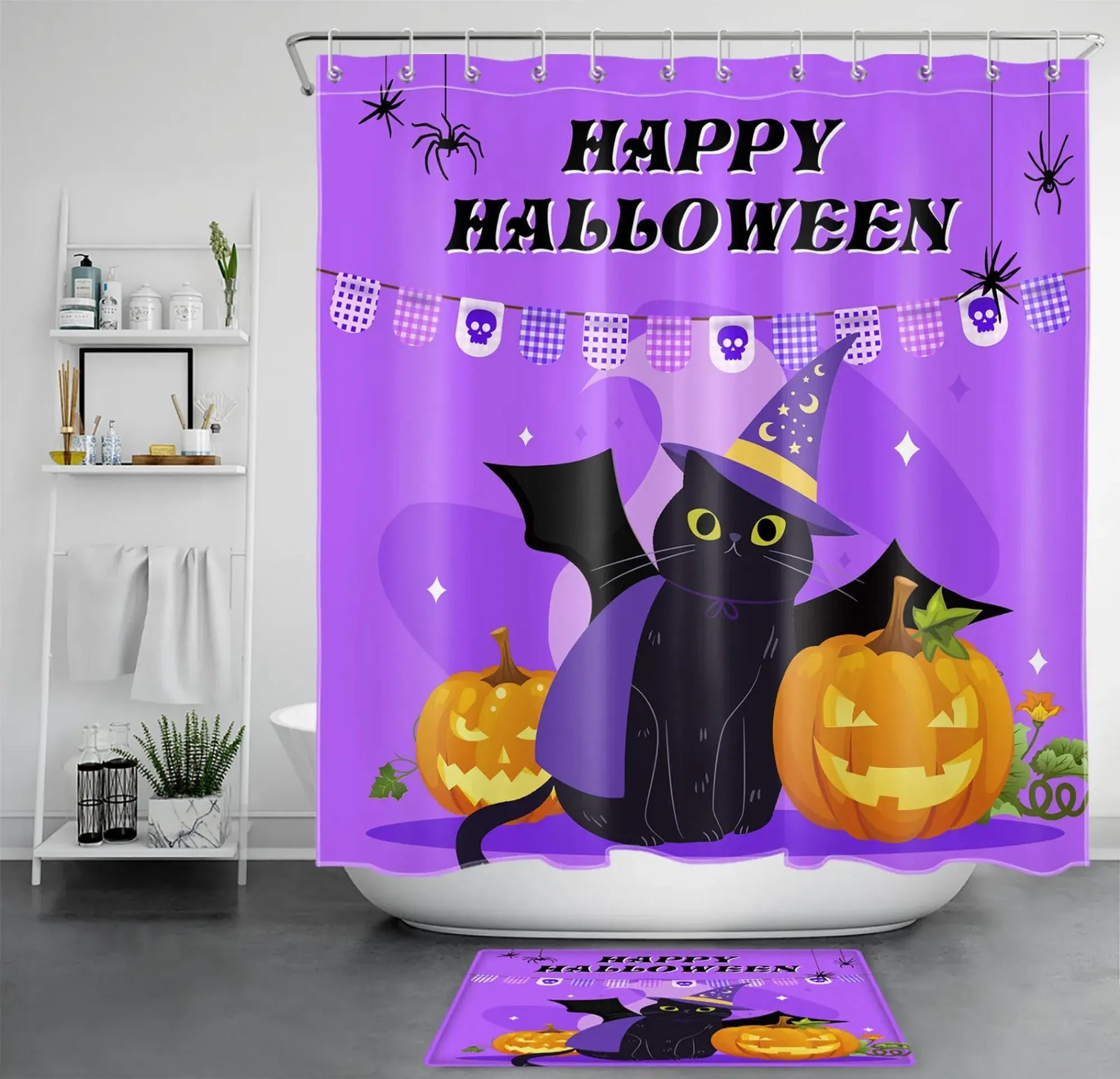 Spooky Spectral Feline Halloween Bathroom Set with Purple Pumpkin Theme