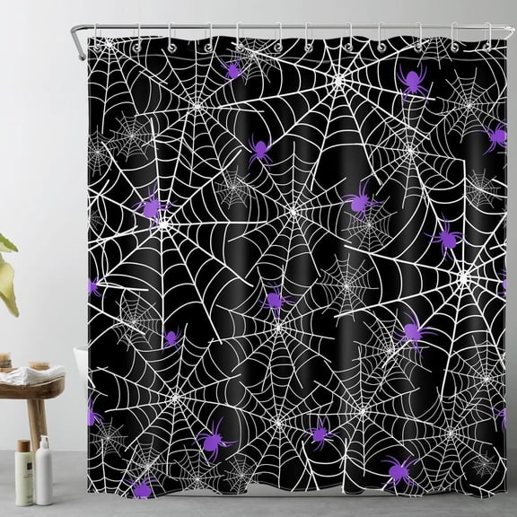 Spooky Spider Web Shower Curtain Purple Spider on Black and White Spider Web Shower Curtain with Hooks, Scary Halloween Night Bathroom Curtains Shower Set Halloween Decor, 72X72Inches