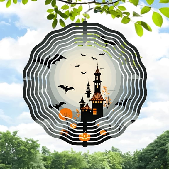 Spooky Spiral Metal Hanging Wind Spinners & Chimes for Halloween Yard Decor - Castle Bats & Pumpkins Design