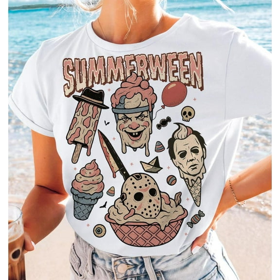 Spooky Summer Halloween T-Shirt, Funny Ice Cream Horror Tee, Vintage Halloween Horror Characters Shirt for Women, Retro Summer Fall Outfit