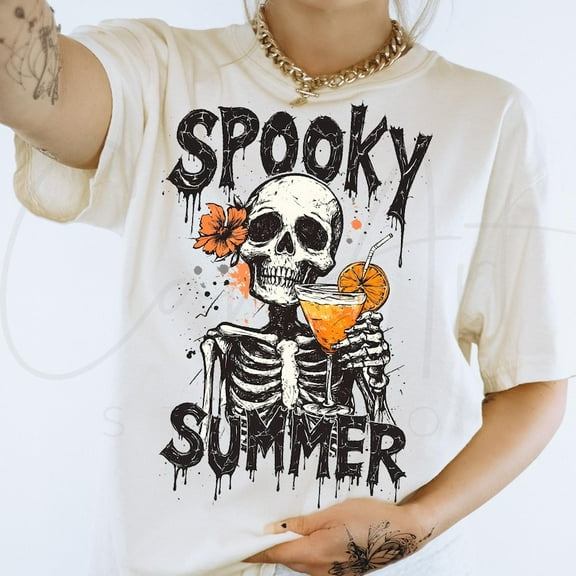 Spooky Summer Shirt, Halloween in July Tee, Grunge with Drink T-Shirt, Tropical Beach Halloween Graphic Shirt for Vacation