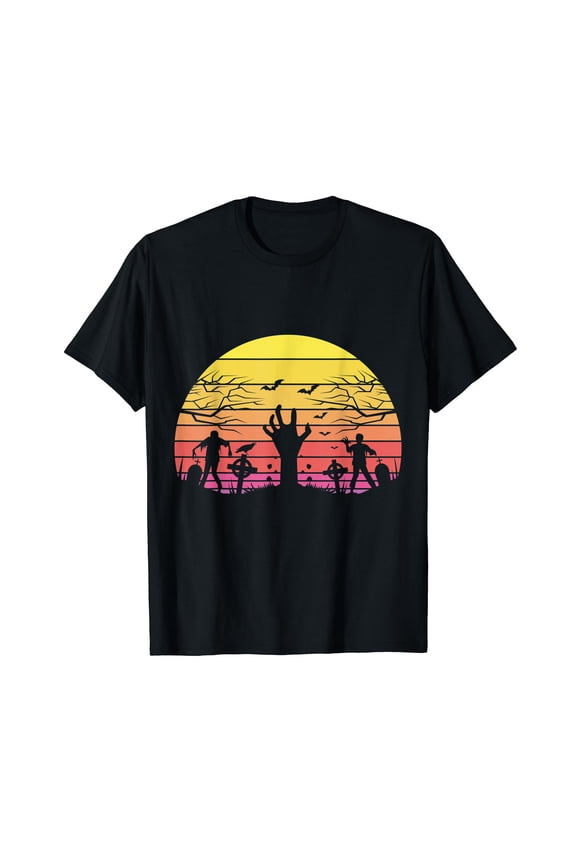 Spooky Sunset Zombie Grave Halloween Black T-shirt Short Sleeve Tee Unisex