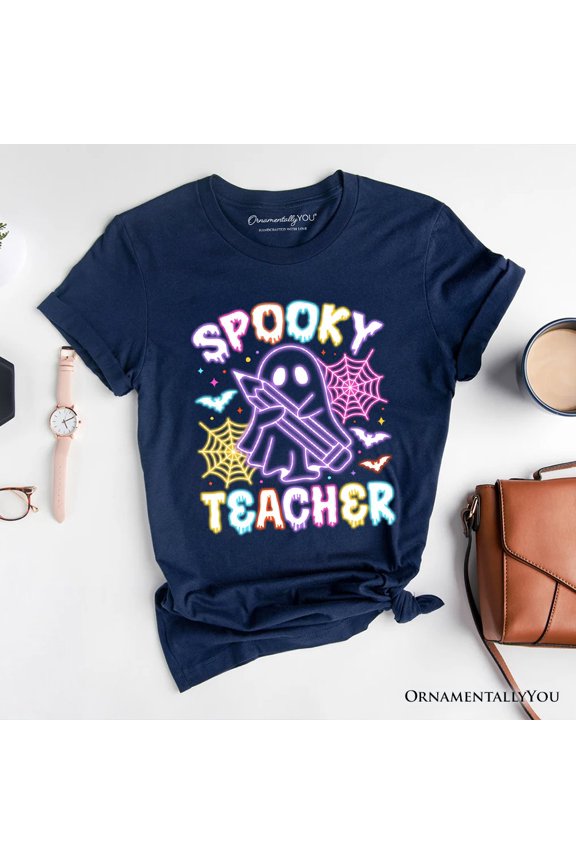 Spooky Teacher Neon Ghost T-Shirt, Retro Halloween Tee for Educators