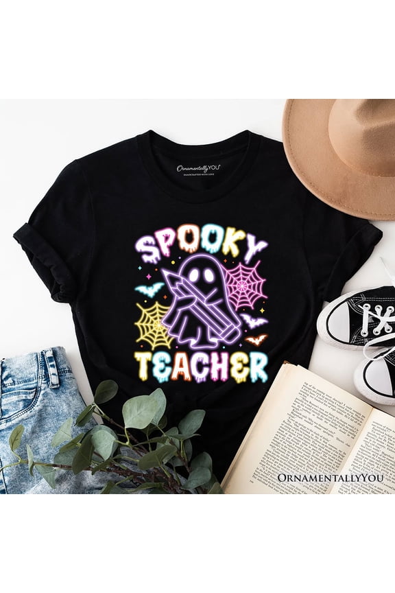 Spooky Teacher Neon Ghost T-Shirt, Retro Halloween Tee for Educators