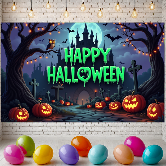 Spooky Theme Halloween Banner Night Castle Pumpkin Owl for Halloween Party Indoor Decoration Outdoor Decoration