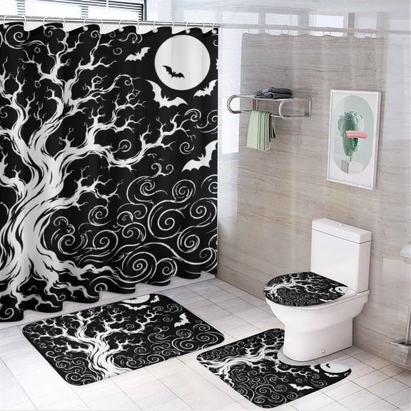Spooky Tree Night Silhouette Bathroom Shower Curtain Sets,4 Pcs Waterproof Fabric Shower Curtain 72"x72" with Non-Slip Flannel Bath Mat, U-Shaped Rug and Toilet Lid Cover for Bathroom Decor
