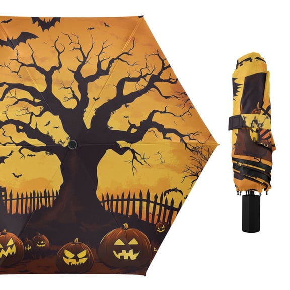 Spooky Tree Pumpkins Bats Compact Sun Umbrella Windproof Travel Umbrellas for Rain Strong Portable UV Protection