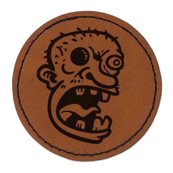 Spooky Ugly Cartoon Zombie Head Undead Monster Round Iron-On Engraved Faux Leather Patch Applique - 2.5 Inch - Brown