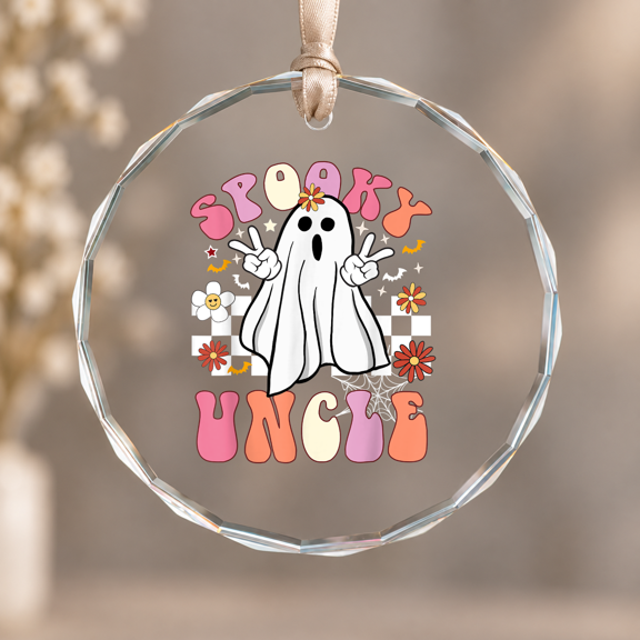 Spooky Uncle Floral Ghost Hippie Family Theme Ornament, Home Decoration, Circle Glass Ornament