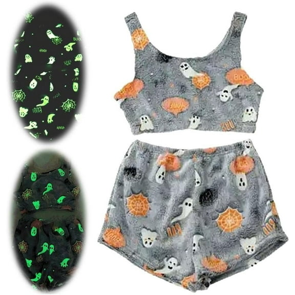 Spooky Vest Pajama Set, Halloween Glow-in-The-Dark Vest Pajamas Set, Cute Cozy Flannel Pumpkin & Ghost PJS Shorts Women