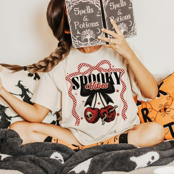 Spooky Vibes Cherry Skull Shirt, Coquette Halloween Tee with Bow, Cute Shirt Design, Trendy Pastel Halloween Shirt for Women and Teens