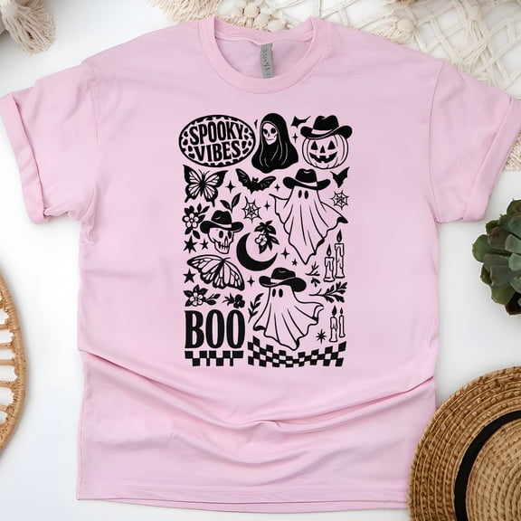 Spooky Vibes Ghost Cowboy Hat Boo Halloween Graphic T-Shirt, Light Pink, Size M