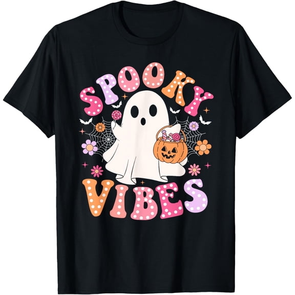 Spooky Vibes Ghost Retro Groovy Halloween Women Girls T-Shirt