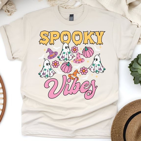 Spooky Vibes Ghost Shirt | Cute Pastel Halloween T-Shirt for Women, Natural, Size S
