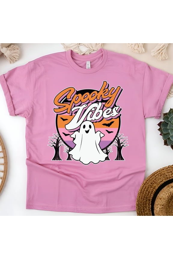 Spooky Vibes Ghost Shirt | Retro Sunset Halloween T-Shirt, Azalea, Size S