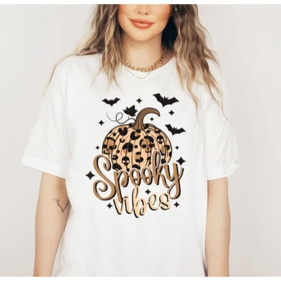 Spooky Vibes Graphic Tee T-Shirt Top Retro Leopard Pumpkin Design Womens Halloween Bats Comfort Cotton White S-5XL