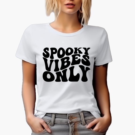 Spooky Vibes Only, Groovy Retro Wavy Text Merch Gift, White T-Shirt, Small
