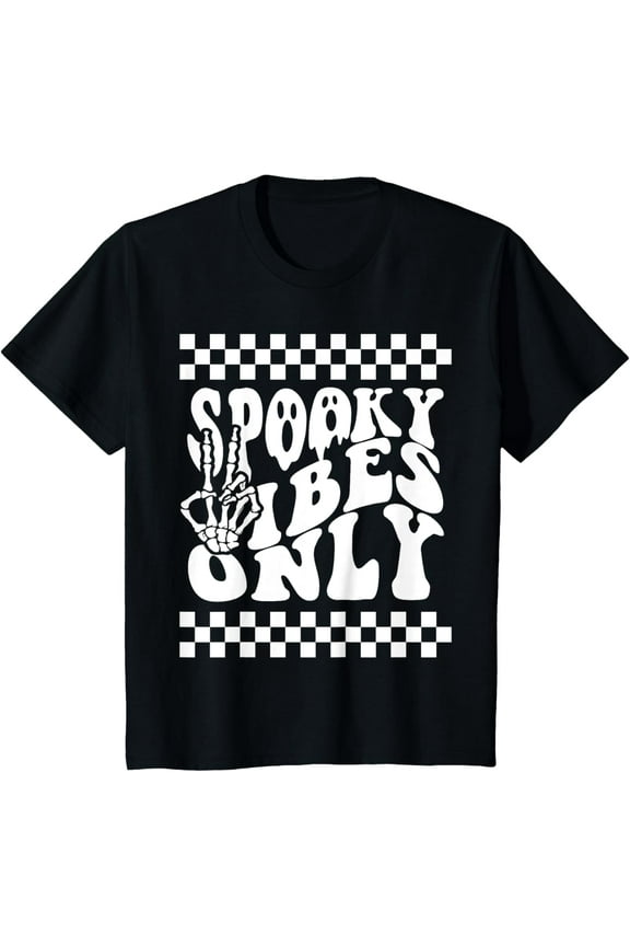 Spooky Vibes Only Toddler Halloween Skeleton Peace Checkered T-Shirt