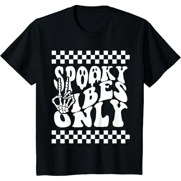 Spooky Vibes Only Toddler Halloween Skeleton Peace Checkered T-Shirt