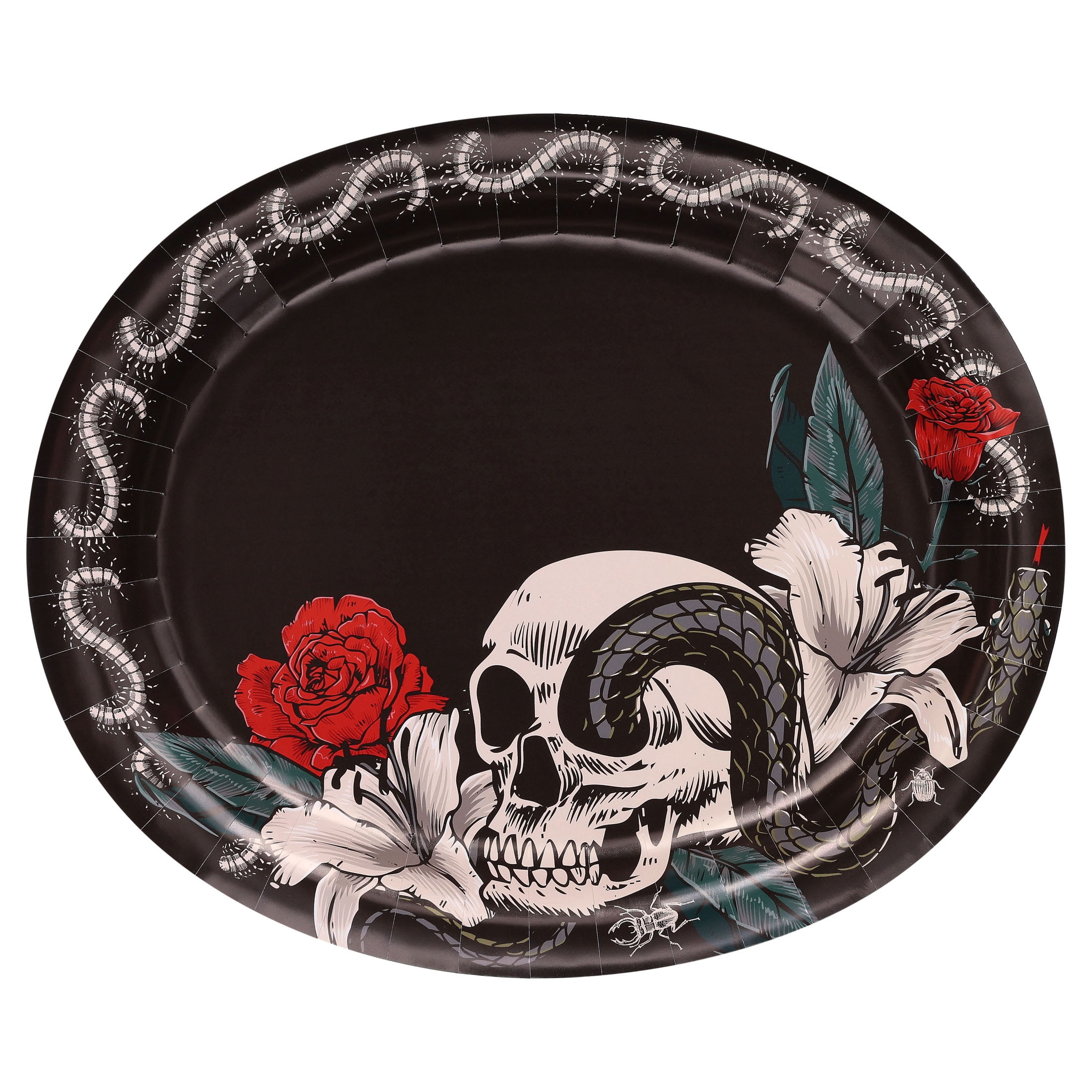 Skull and Roses Oval Disposable Paper Plates, Multicolor, 12" x 10", 8 Count, Halloween by Way To Celebrate
