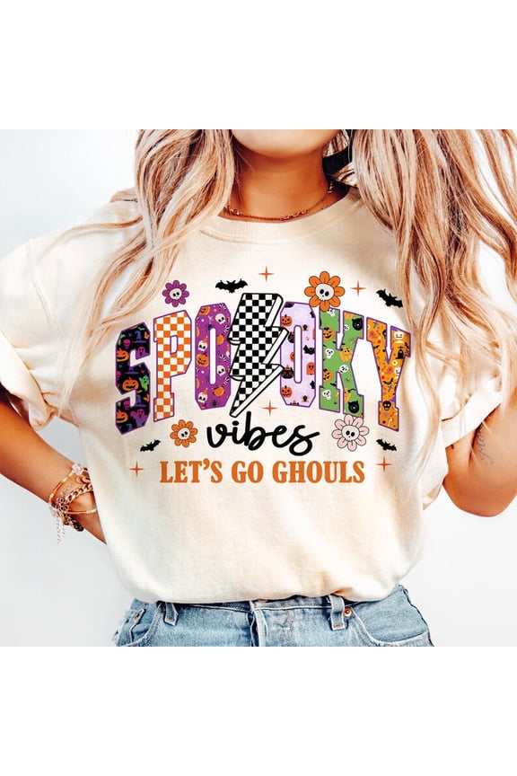 Spooky Vibes Preppy Halloween Shirt, Retro Varsity Style Tee with Checkered Shirt, Trendy Spooky Season Shirt for Fall and October Outfits