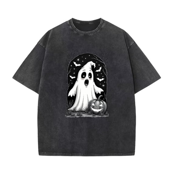 Spooky Washed Halloween T-Shirt for Women, Ghost and Pumpkin Graphic Tee, Cute Casual Tops，Loose，cotton，black，S-2XL，Plus size