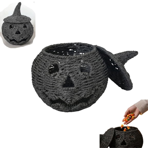 Spooky Weave Halloween Pumpkin Basket with Lid, Black Handwoven Jack-O'-Lantern Candy Storage Bucket, Multi-Functional Trick or Treat Holder for Home Bedroom Entryway Decor
