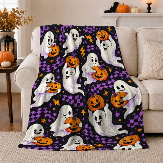 Spooky Whimsical Cartoon Ghosts Pumpkins Halloween, Festive Halloween Scene, Warm Flannel Blanket for Living Room and Family Room, Art Lovers Halloween Gift, Festive Home Decor