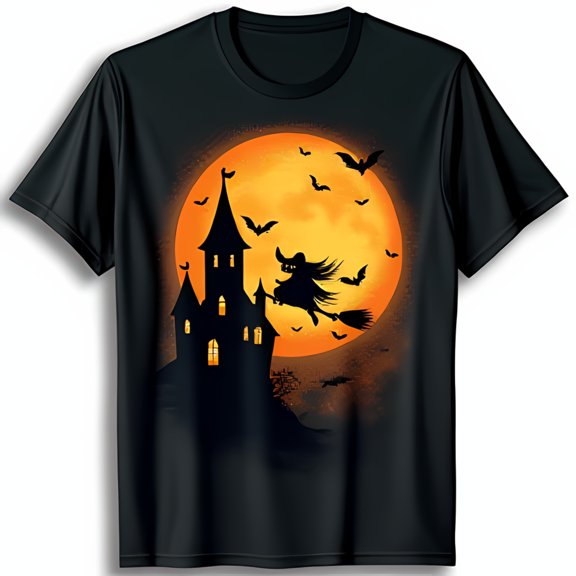 Spooky Witch Black T-Shirt with Moon & Haunted Castle Graphic